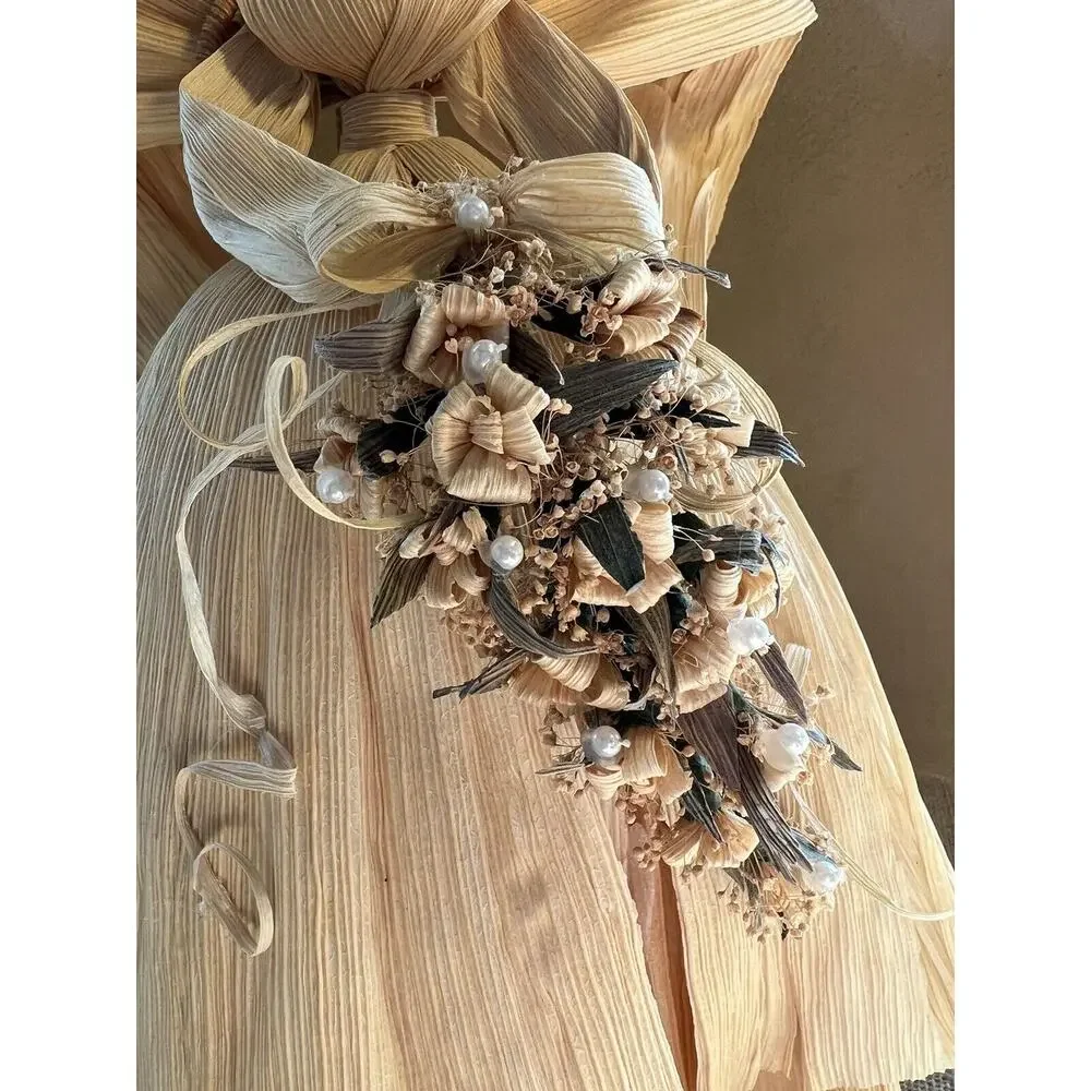 Large Corn Husk Angel with Floral Bouquet--Wedding?--American Folk Art